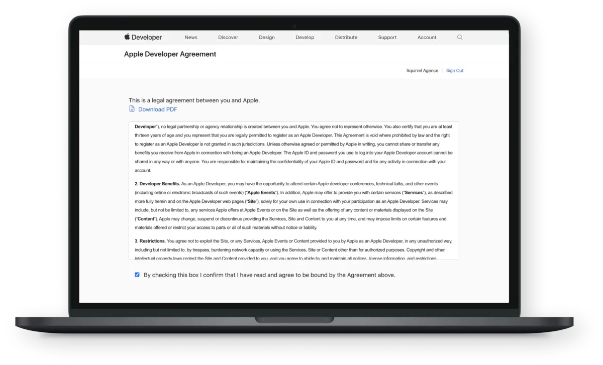 Écran d’acceptation de l’Apple Developer Agreement