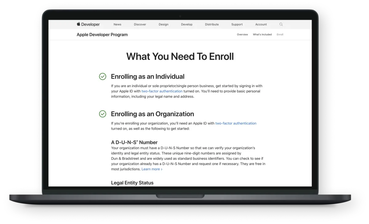 Page « What You Need To Enroll » de l’Apple Developer Program : conditions d’inscription en individuel ou en organisation