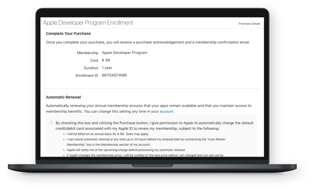 Récapitulatif de l’achat de l’adhésion annuelle à l’Apple Developer Program, avant paiement