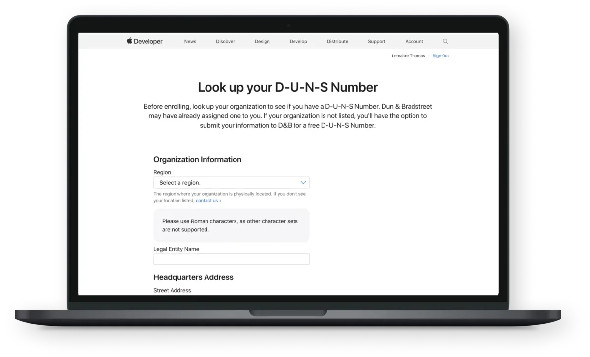 Outil « Look up your D-U-N-S Number » du site Apple Developer, pour retrouver le numéro D-U-N-S de l’organisation