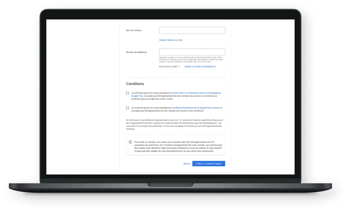 Validation des informations avant paiement de l'inscription développeur Google Play