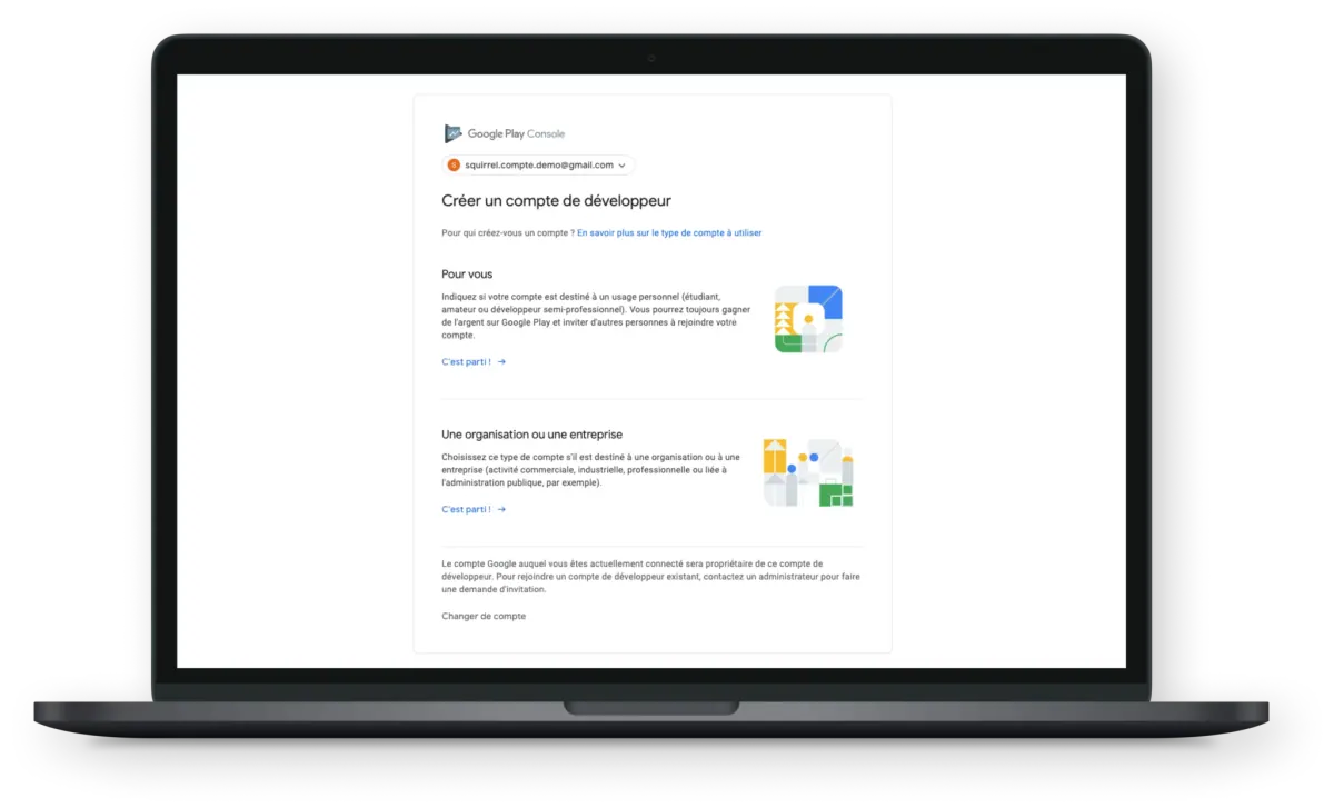 Écran d'inscription pour créer un compte développeur Google Play Console