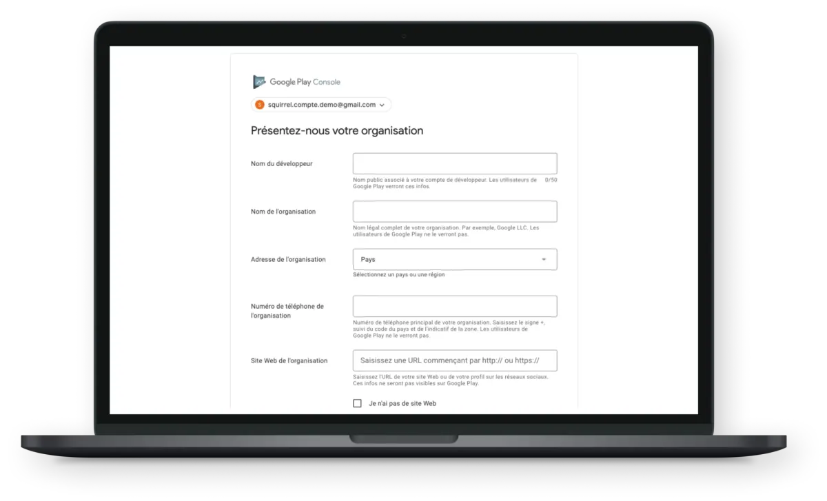 Formulaire d'informations du compte développeur sur Google Play Console