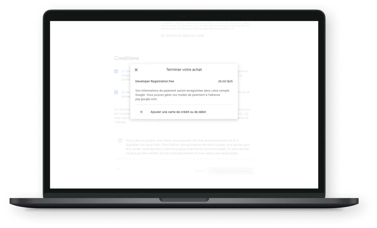 Paiement des 25 dollars de frais d'inscription à la Google Play Console