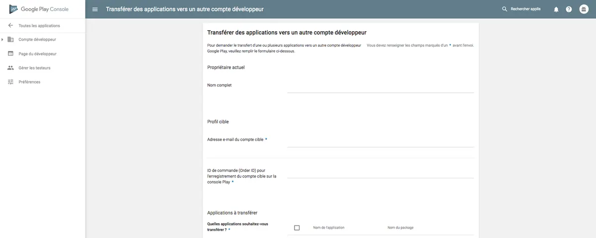 Formulaire Google de demande de transfert d’une application Android