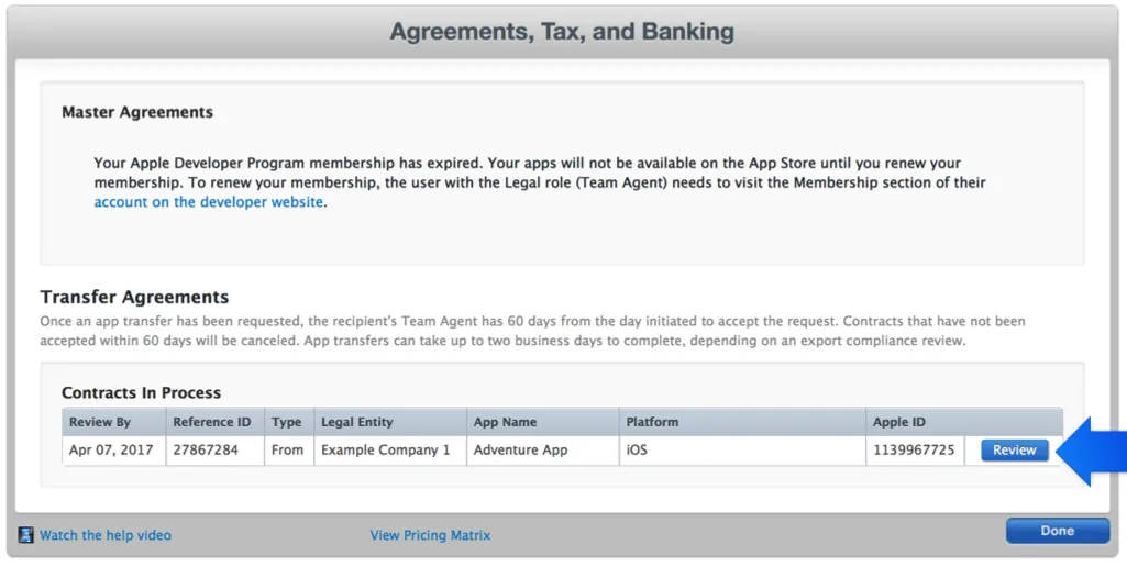 Page Agreements, Tax, and Banking : bouton Review du transfert dans la section Contracts In Process