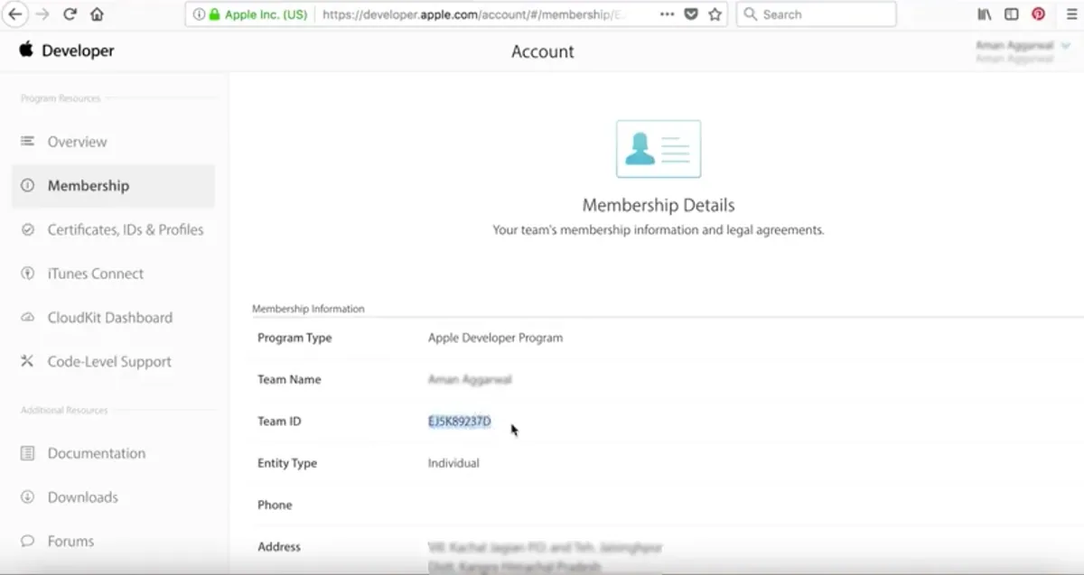 Compte Apple Developer, onglet Membership : le Team ID figure dans le détail de l’adhésion