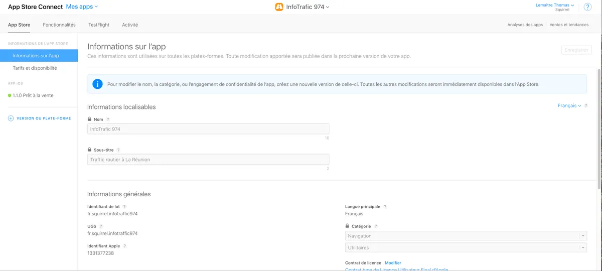 App Store Connect : page Informations sur l’application et lien de transfert