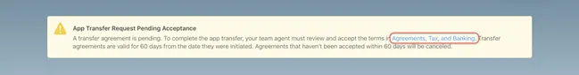 Bandeau iTunes Connect signalant une demande de transfert d’application en attente d’acceptation