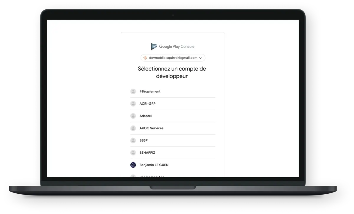 Google Play Console : choix du compte développeur
