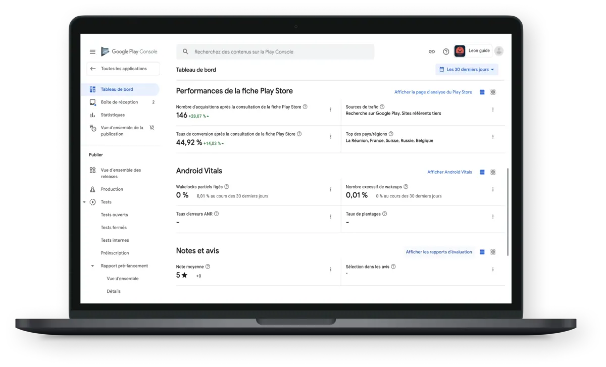 Google Play Console : performances de la fiche Play Store d’une application