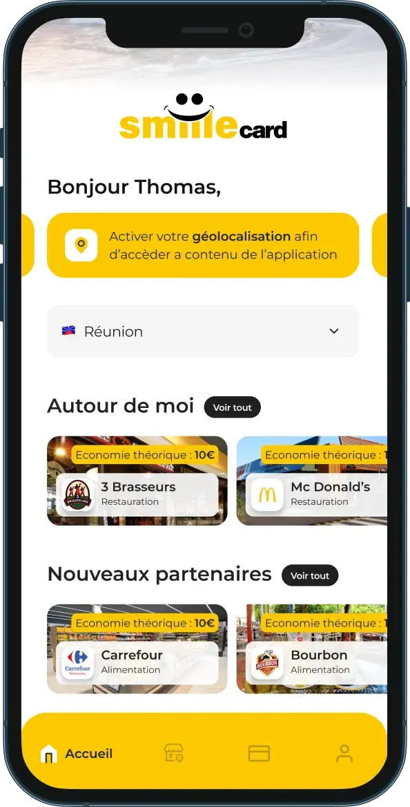 Application mobile SmiileCard, marketplace de bons plans de commerçants locaux