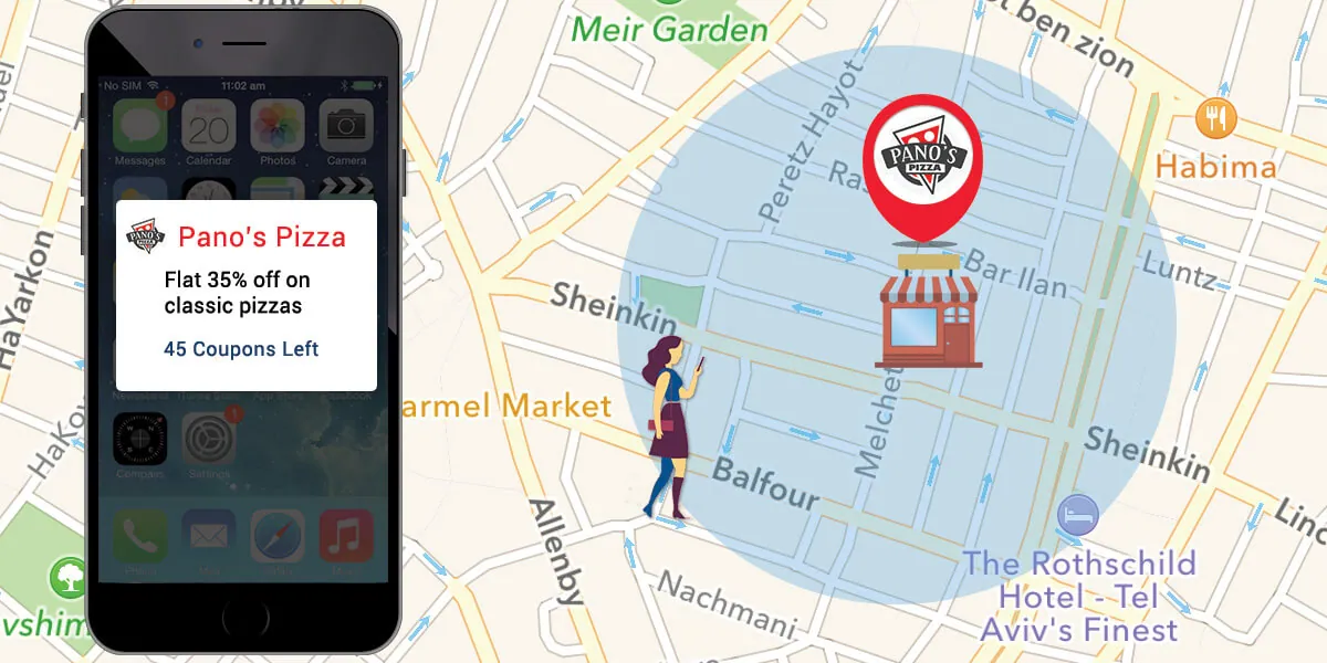Schéma du geofencing : en entrant dans la zone tracée autour d’un commerce, le passant reçoit une offre sur son téléphone