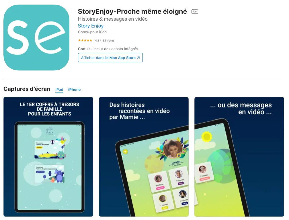 Fiche App Store de StoryEnjoy, l’application pour raconter des histoires en vidéo aux enfants, même à distance