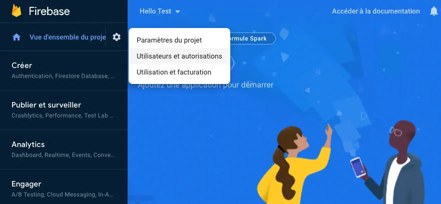 Menu des paramètres Firebase donnant accès à « Utilisateurs et autorisations »