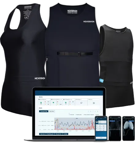 Gilets à capteurs intégrés et leur tableau de bord de suivi cardiaque et respiratoire, sur ordinateur et sur smartphone