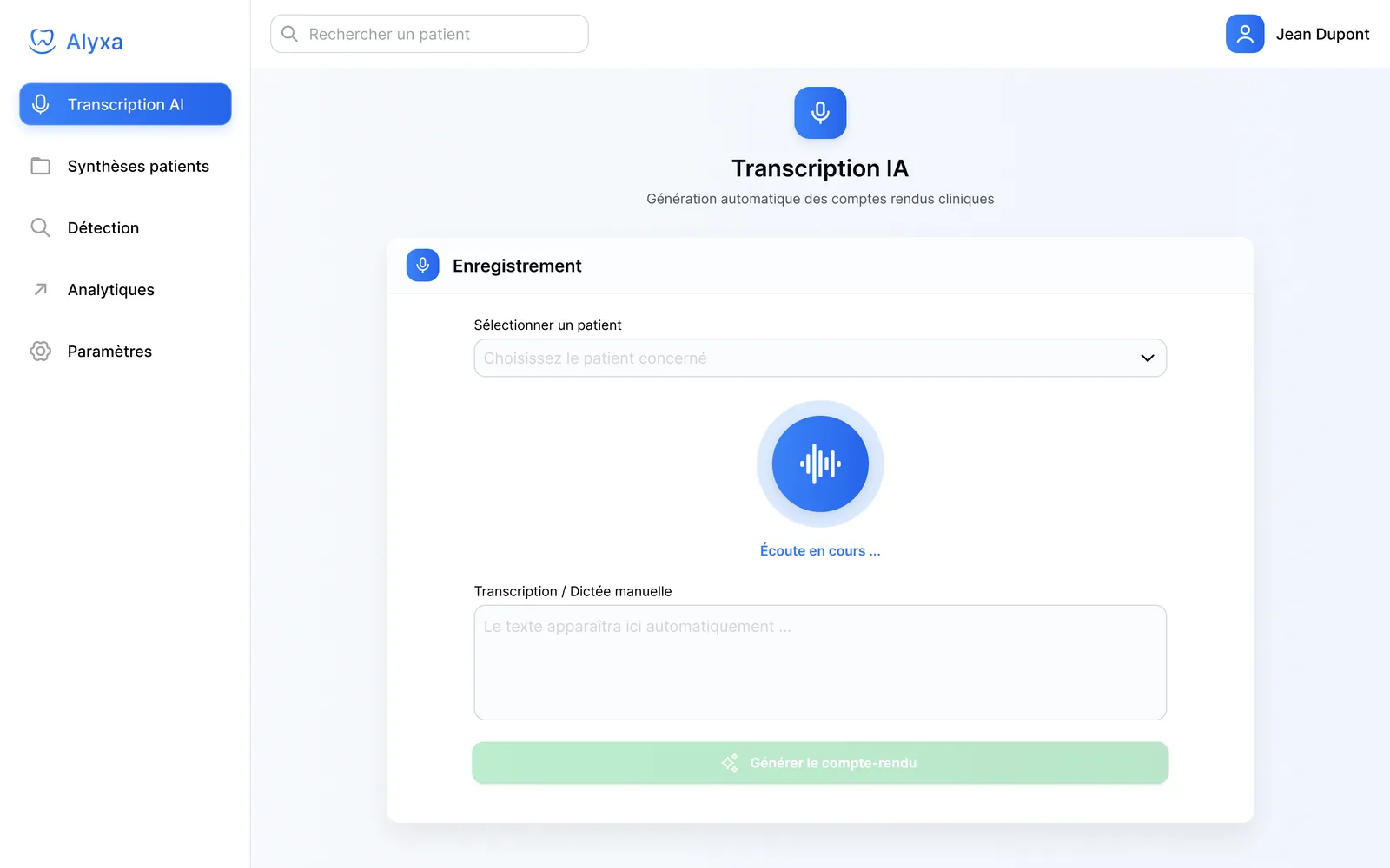 Alyxa, écran de transcription IA d'une consultation dentaire (données fictives)