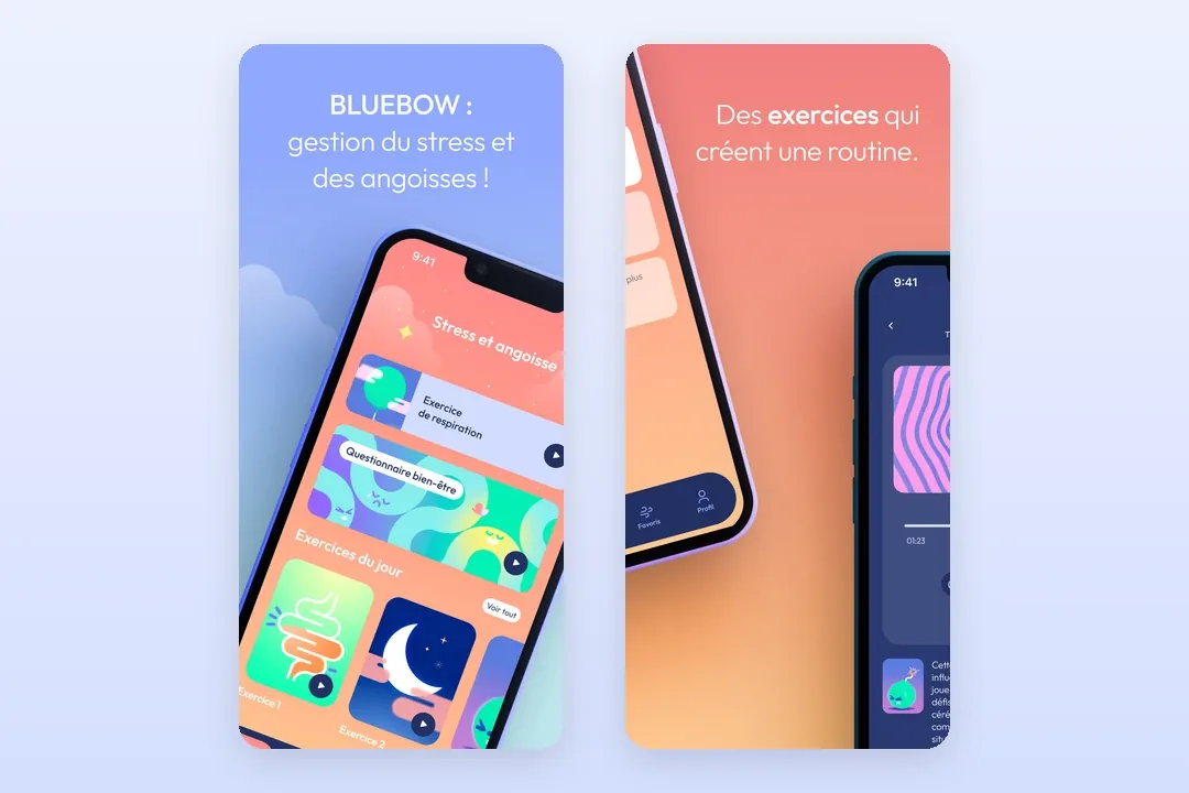 Écrans de l'application mobile BlueBow de gestion du stress et des émotions