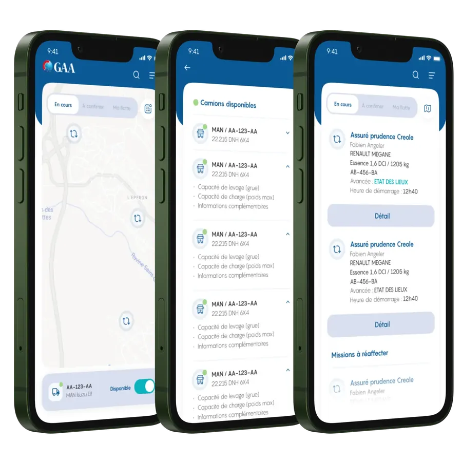 Application GAA sur trois smartphones : carte des missions en cours, liste des camions disponibles et missions d'assistance à réaliser