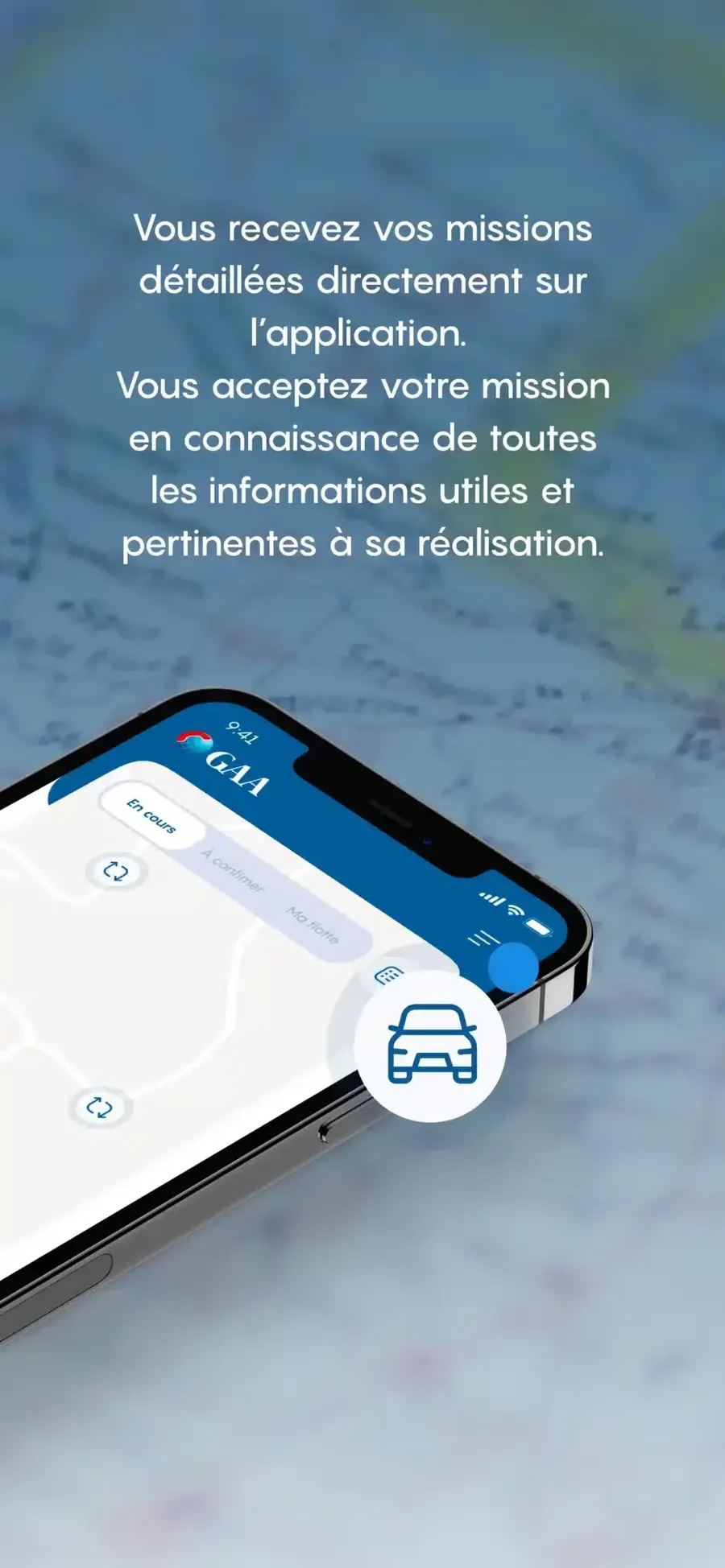 Application GAA : visuel de store sur la réception de missions détaillées, avec un smartphone affichant la carte des missions