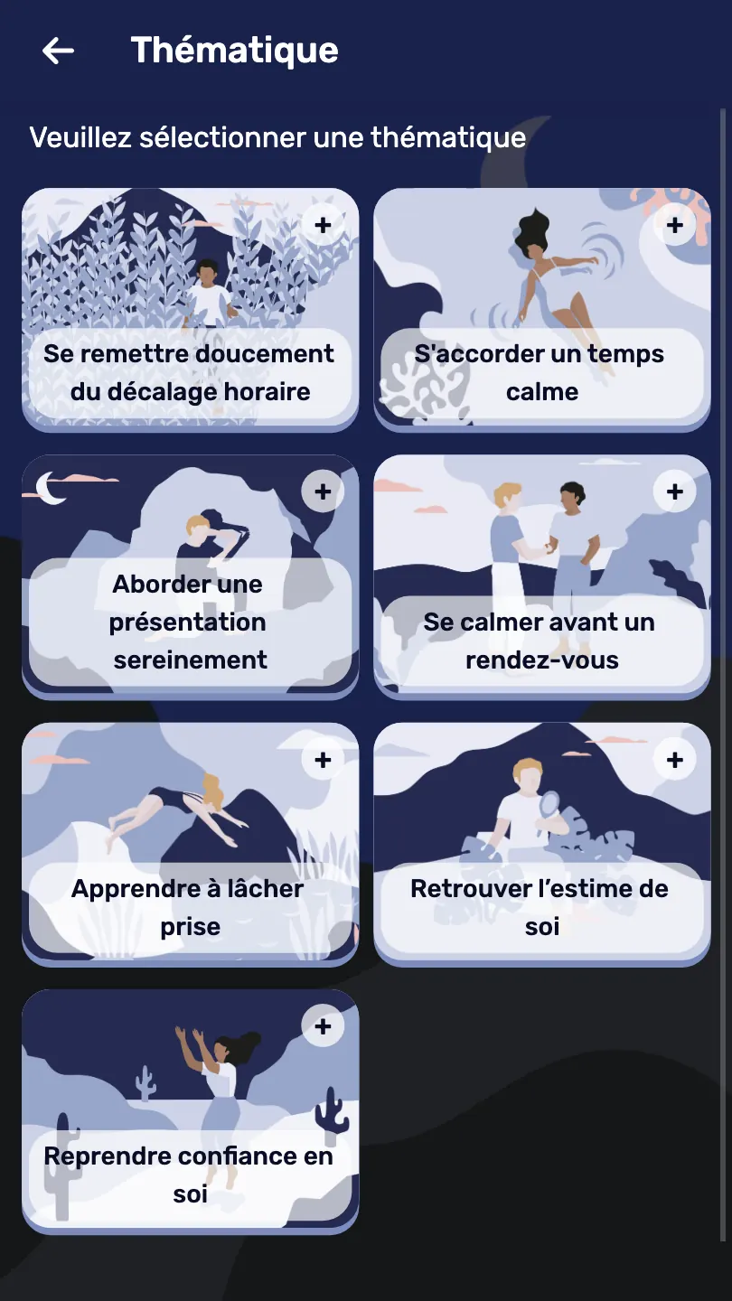 Application Nap&Up : choix d'une thématique de micro-sieste, comme se remettre du décalage horaire ou retrouver l'estime de soi