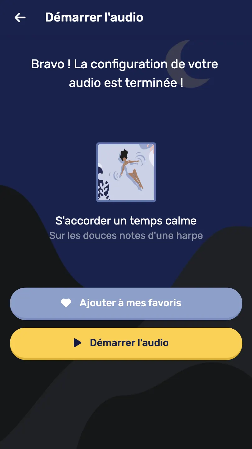 Application Nap&Up : séance audio configurée sur le thème du temps calme, prête à démarrer ou à ajouter aux favoris
