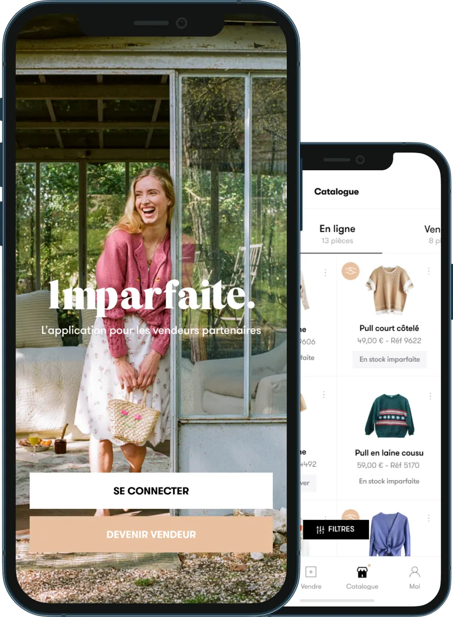 Application Imparfaite pour les vendeurs partenaires : écran de connexion et catalogue des pièces en ligne avec prix et référence