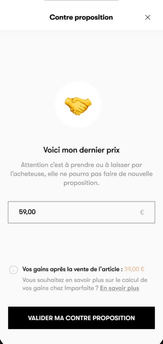 Écran de contre-proposition de prix dans l'application Imparfaite