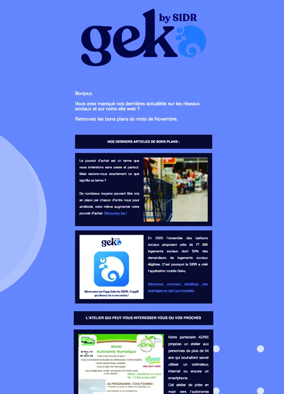 Geko by SIDR : newsletter mensuelle de bons plans avec articles, présentation de l'application et atelier proposé par un partenaire