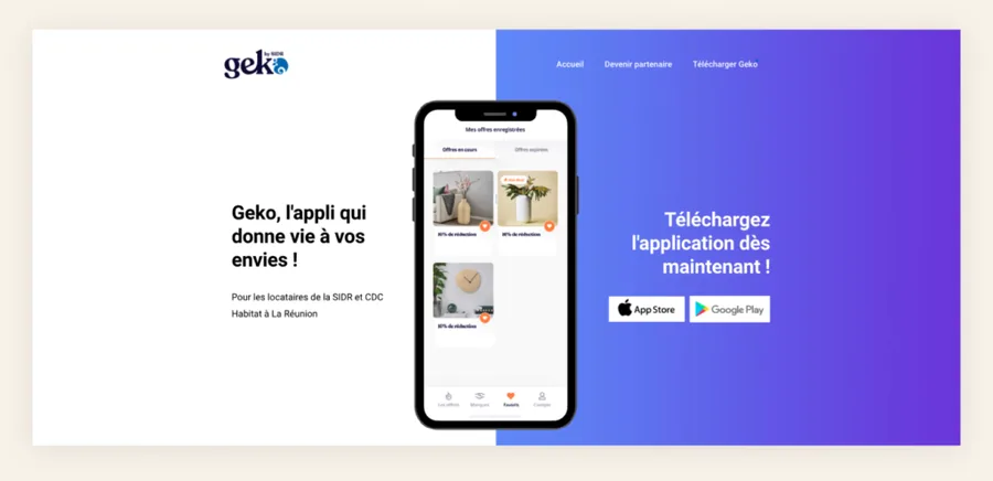 Site Geko by SIDR : page d'accueil présentant l'application aux locataires, offres enregistrées et liens de téléchargement