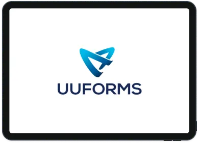 Application tablette UUFORMS : écran de démarrage affichant le logo bleu de l'application