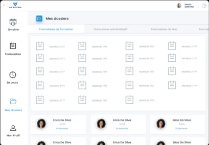 Application métier Air Austral sur tablette : écran « Mes dossiers » des formations