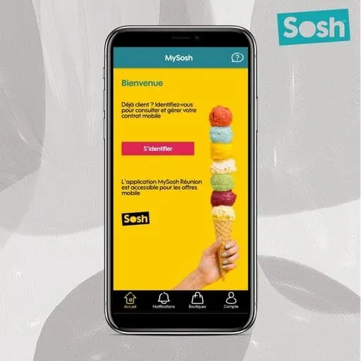 Application MySosh Réunion sur smartphone : écran d'accueil jaune invitant à s'identifier pour gérer son contrat mobile