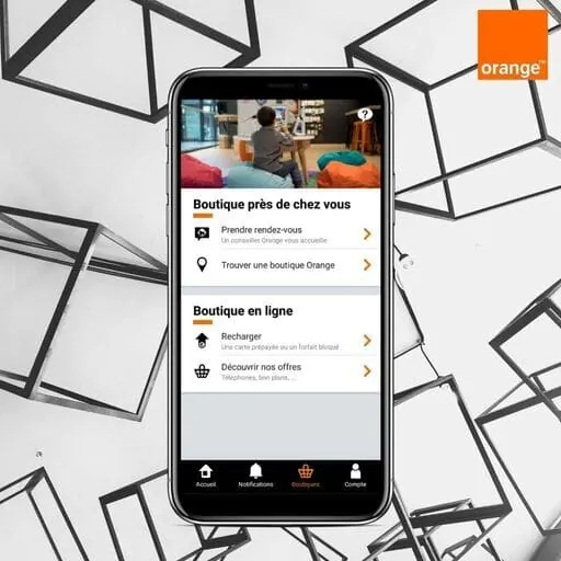 Application Orange Réunion sur smartphone : onglet Boutiques pour prendre rendez-vous, trouver une boutique ou recharger en ligne