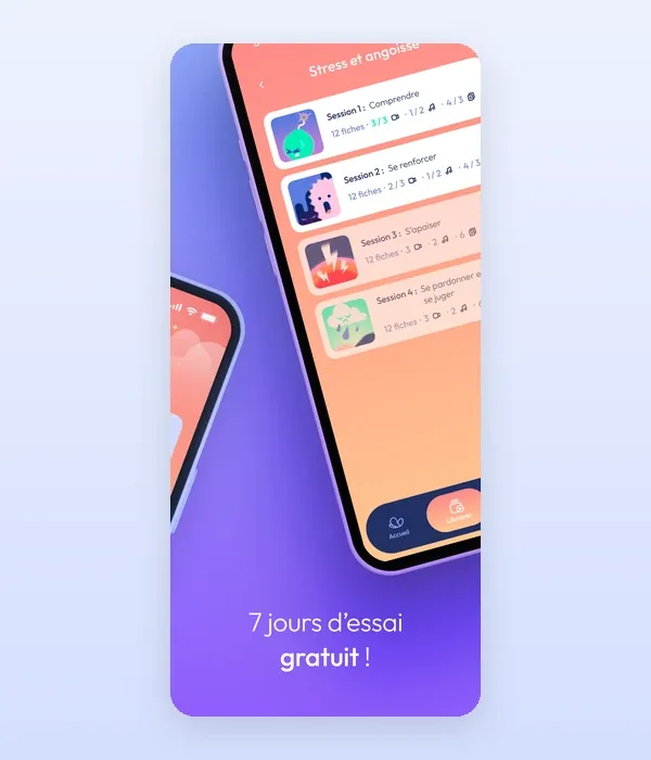 Application BlueBow : parcours Stress et angoisse découpé en sessions, sur un visuel de promotion de l'essai gratuit