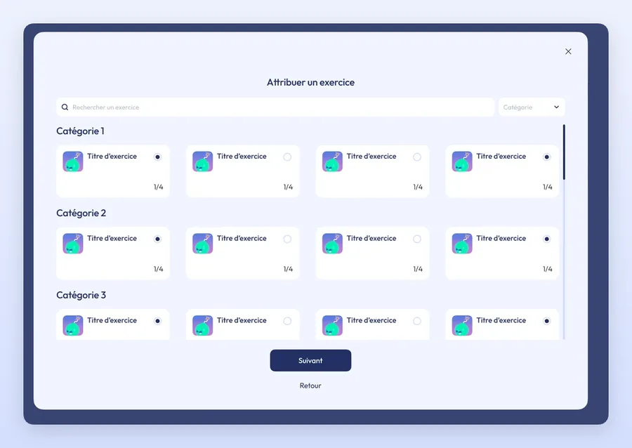 Espace web BlueBow : fenêtre d'attribution d'un exercice, avec recherche et sélection parmi des exercices classés par catégorie