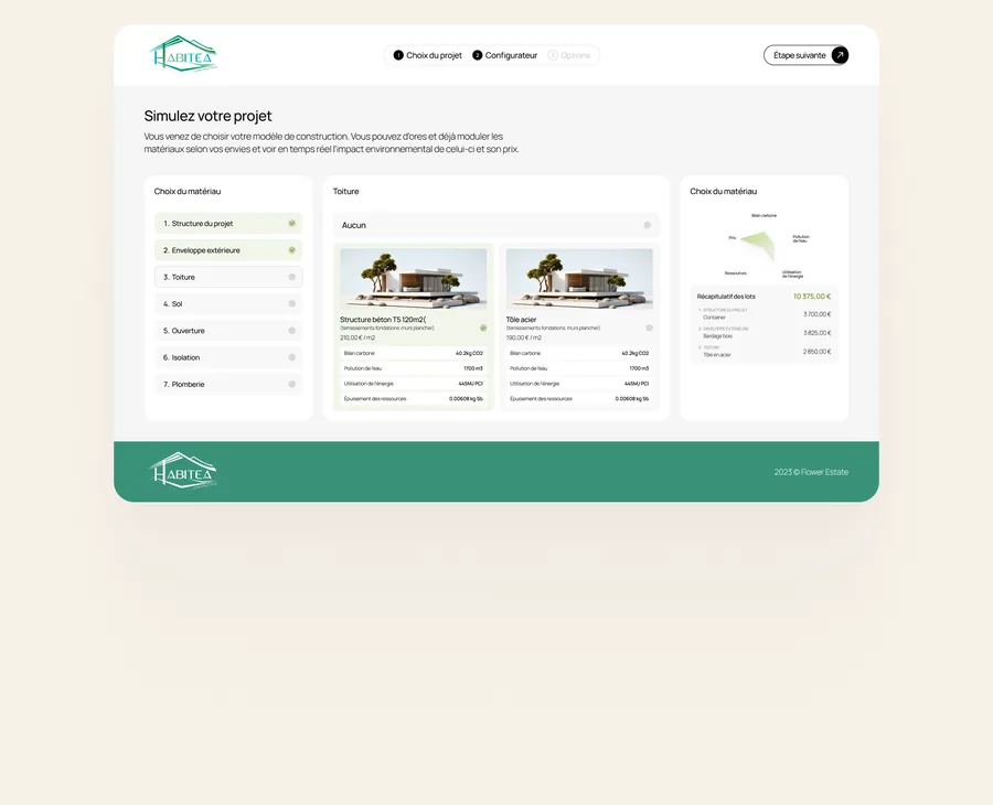 Configurateur de construction Ekohome : simulation du projet par lot, choix de la toiture avec impact environnemental et prix en temps réel