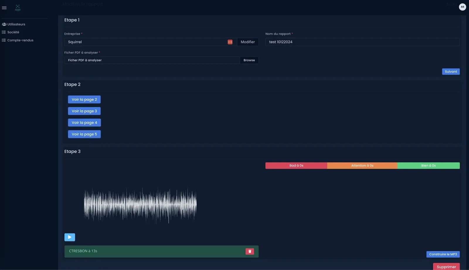 Formulaire à étapes de création d'une analyse dans DANA avec forme d'onde audio et annotations sonores