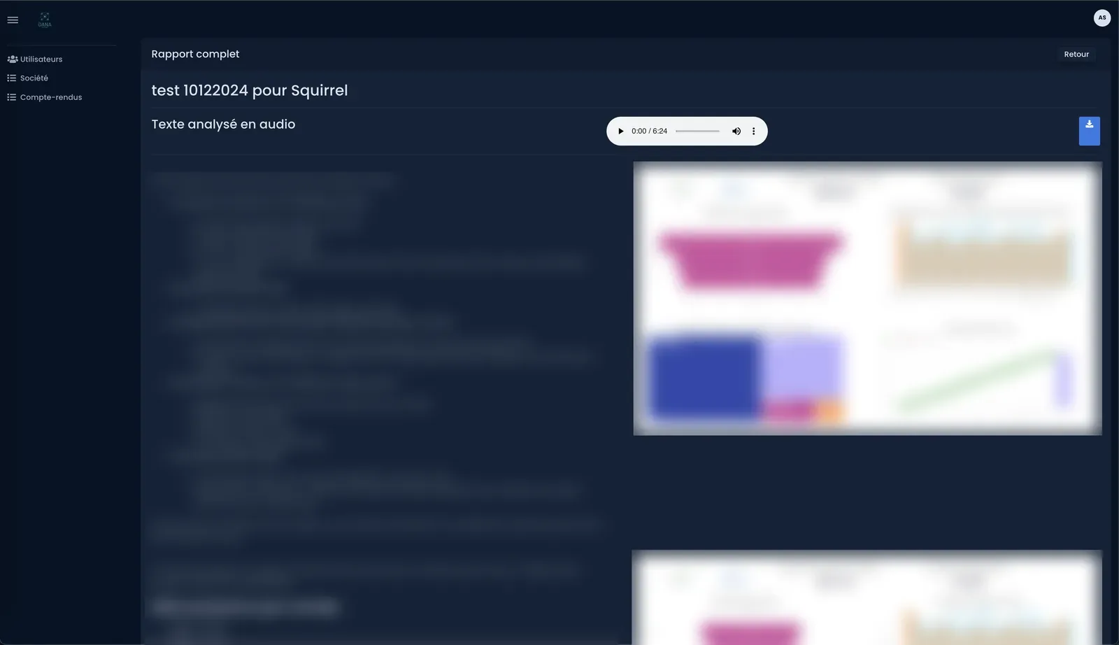 Détail d'un compte-rendu DANA côté client avec lecteur audio, texte d'analyse et tableaux de bord