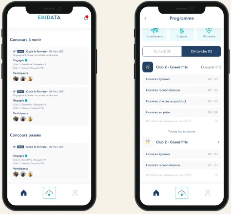 Application Ekidata : concours équestres à venir et passés avec les engagés, puis programme horaire des épreuves d'une journée