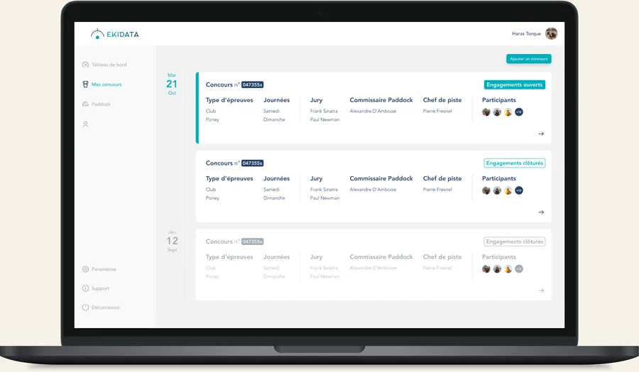 Plateforme web Ekidata sur ordinateur portable : liste des concours avec épreuves, jury, chef de piste et état des engagements