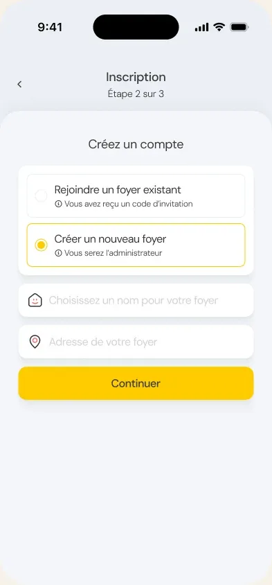 Écran de création de foyer dans Enjows, avec le choix entre rejoindre un foyer existant ou en créer un nouveau