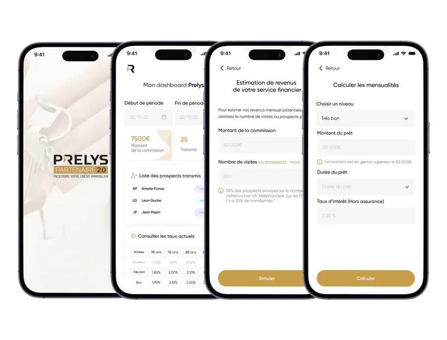 Application Prelys Partenaire 2.0 sur quatre écrans : démarrage, tableau de bord des prospects, estimation de revenus et calcul de mensualités