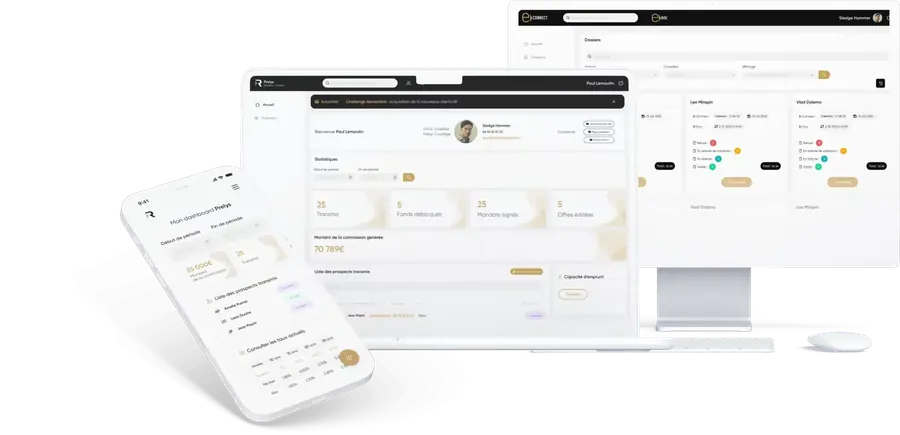Prelys Courtage : mise en scène sur smartphone, ordinateur portable et écran du tableau de bord partenaire et du suivi des dossiers