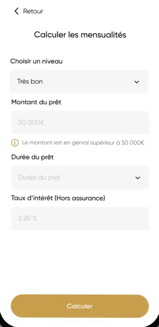 Application mobile de Prelys Courtage : calcul des mensualités d'un prêt
