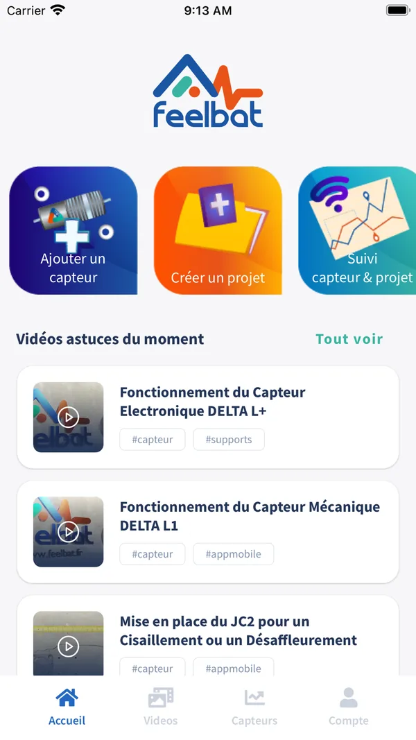 Écran d'accueil de l'application Feelbat : raccourcis vers les capteurs et les projets, vidéos de conseil