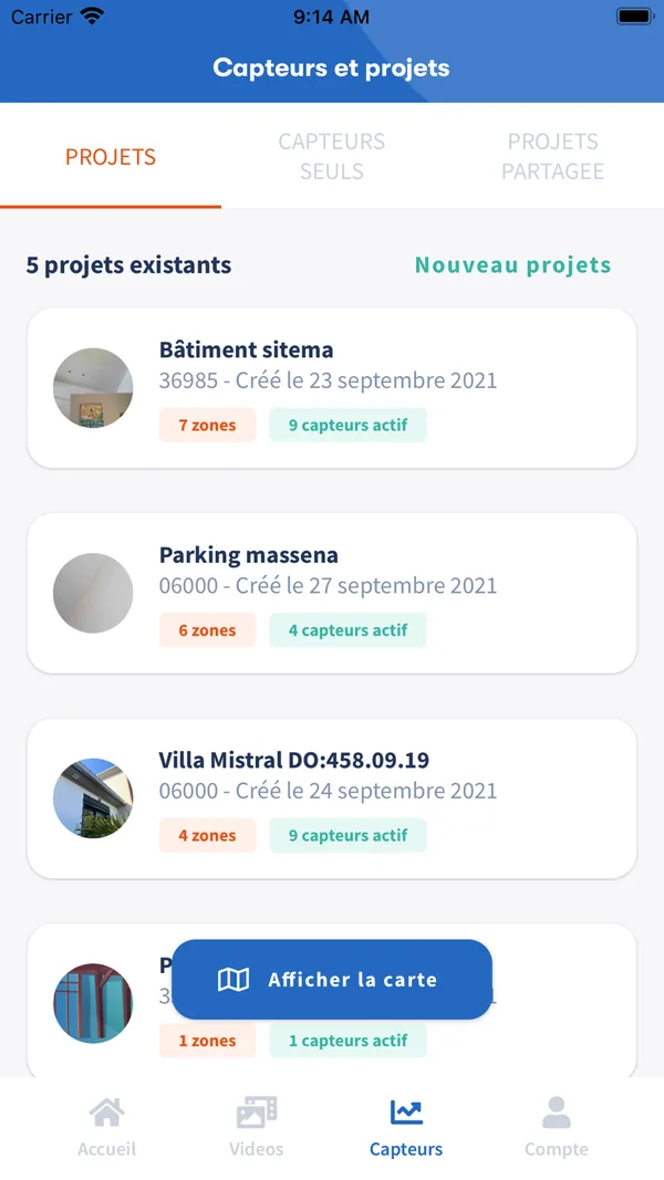 Liste des projets de bâtiments suivis et de leurs capteurs dans Feelbat