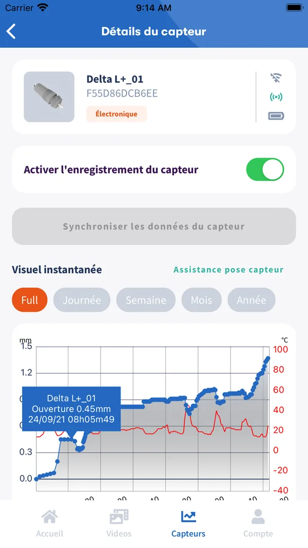 Application Feelbat : détail d'un capteur avec le graphique d'évolution de la fissure