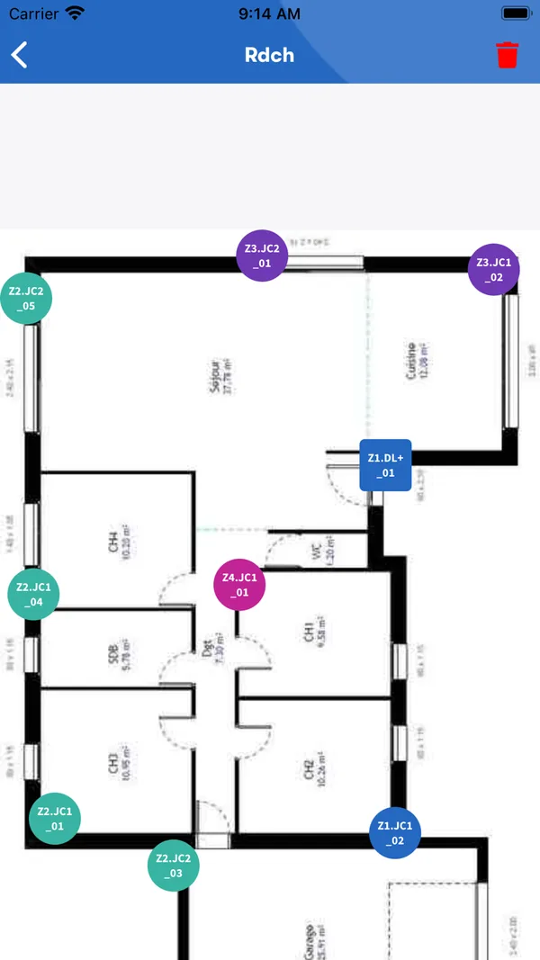 Plan d'un bâtiment avec l'emplacement des capteurs dans Feelbat