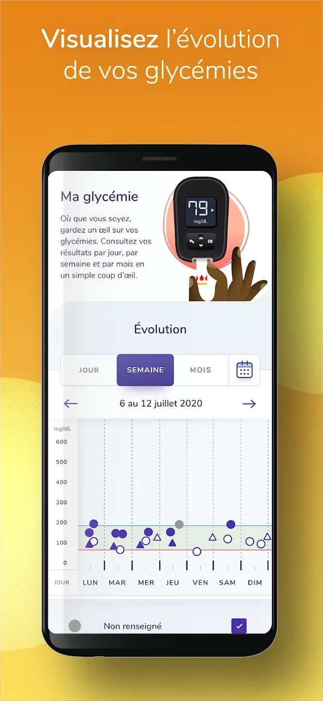 Application Gluci-Chek : graphique d'évolution des glycémies sur une semaine, avec vues par jour, semaine et mois